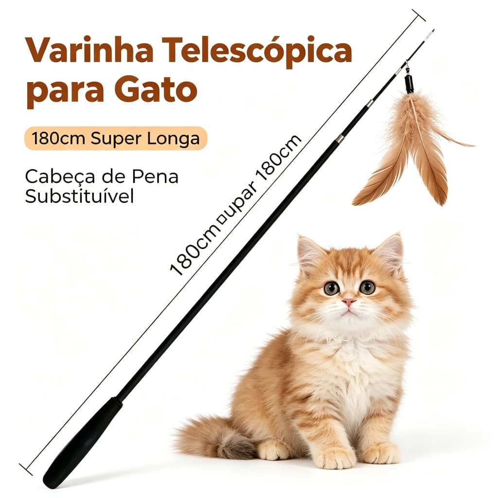 Varinha Telescópica para Gato - 180cm, Cabeça de Pena Substituível, Resistente