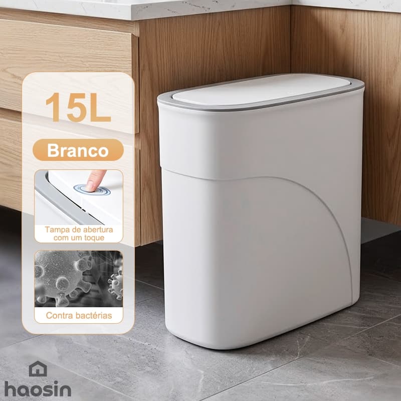 Lixeira Estreita 15L com Tampa de Pressão e Vedação de Odor para Quarto/Banheiro/Escritório