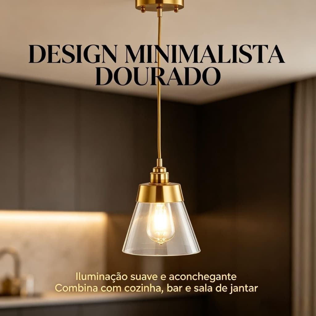 Luminária Pendente Vidro Transparente Dourada Luz Suave Decorativa Cozinha Bar Restaurante