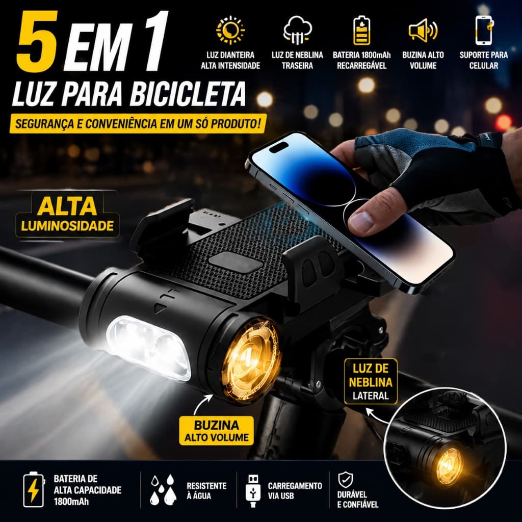 Kit Lanterna Bike 5 em 1 com Buzina e Farol – 12h Recarregável e à Prova d'Água