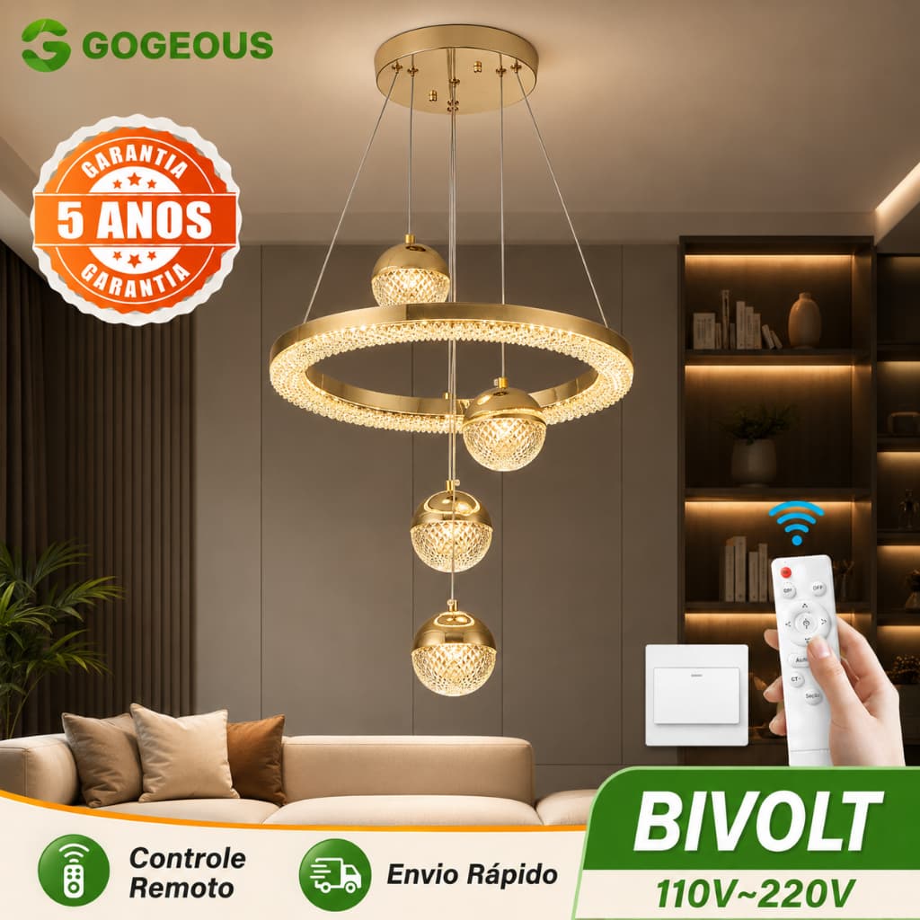GOGEOUS Lustre De Teto Cristal LED 3 Cores 110V-220V Pendente Luminária Teto Com Controle Remoto