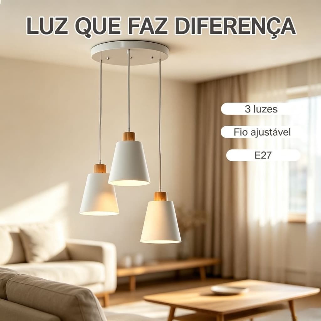 Luminária Suspensa Branca Madeira 3 Tipos Fio Regulável Soquete E27 Cozinha Mesa Cabeceira