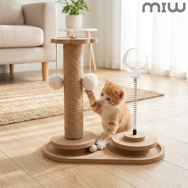Arranhador de Gato com Poste Sisal e Brinquedos de Bolinha e Pena