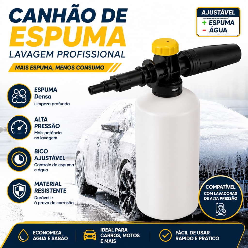 Canhão de Espuma Snow Foam para Lavadora de Alta Pressão | Bico Espumador Universal para Carro Moto