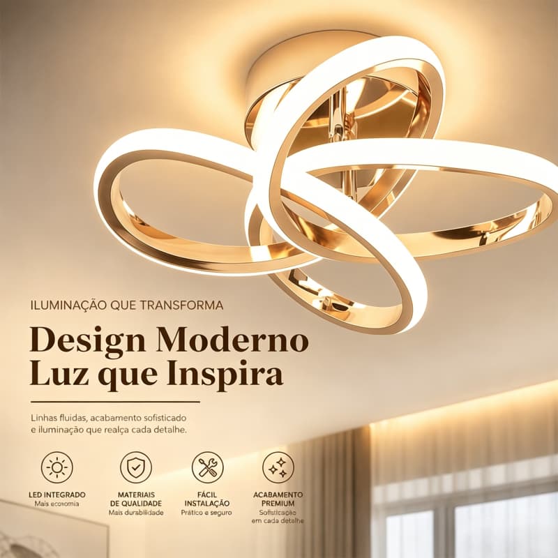 Luminária de Teto LED Curva Moderna - 3 Cores de Luz Ajustáveis Bivolt 110V-220V Ideal para Quarto, Corredor e Cozinha