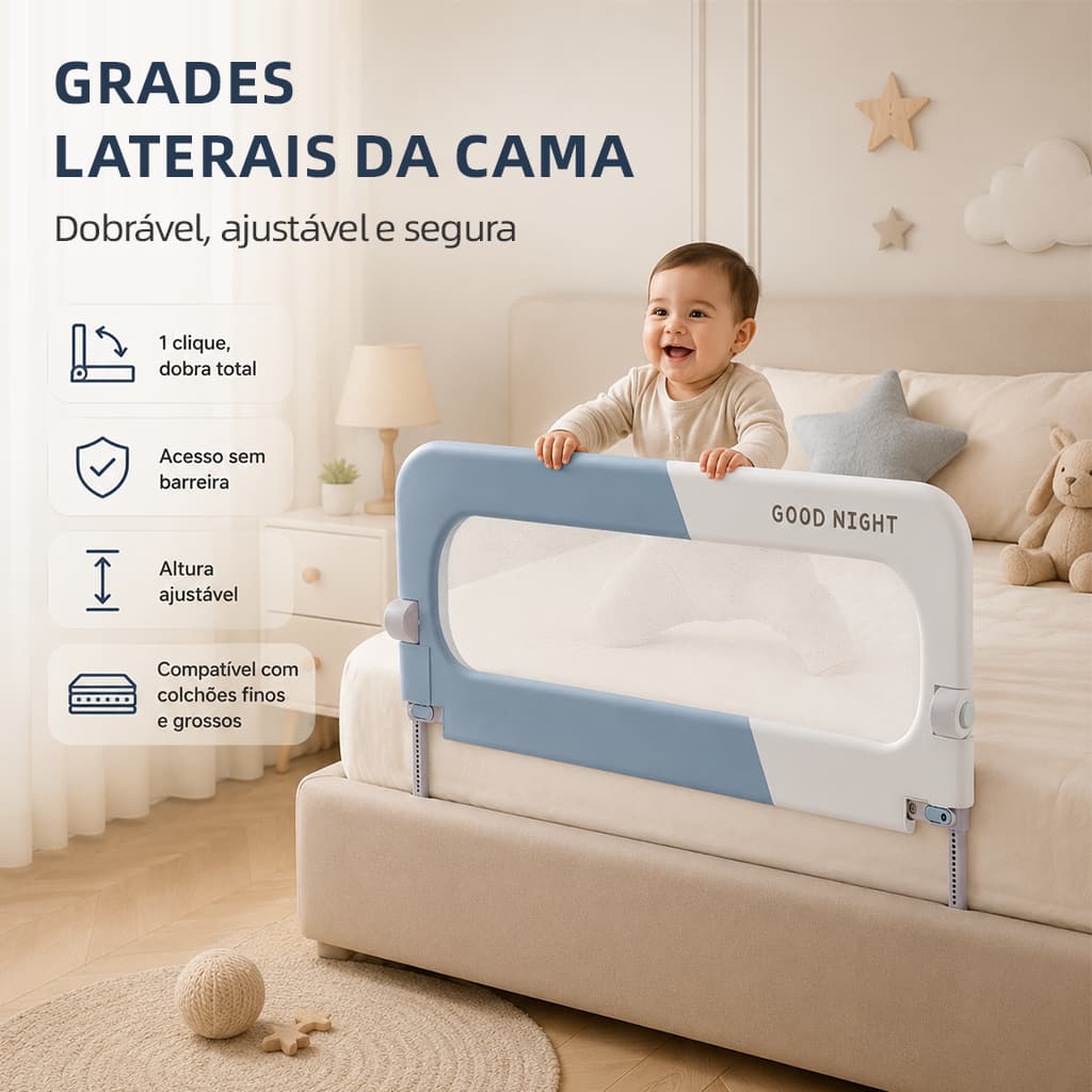 Grade De Cama Proteção Infantil Idosos Dobrável Base Forma L Elevador De 14 Marchas Altura 66-78CM