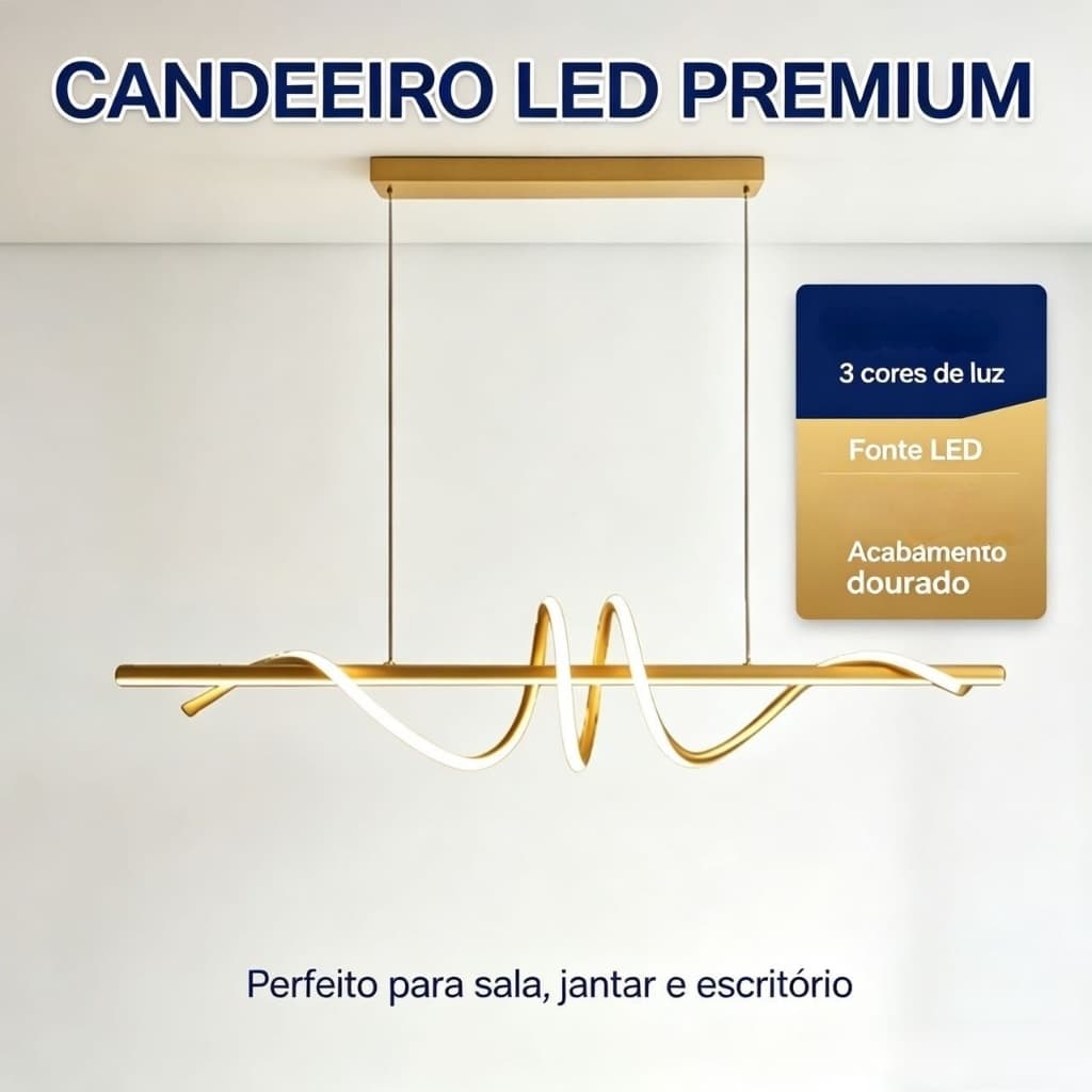 Lustre LED Mesa Jantar Forma Onda 45W Luz Tricolor Preto e Dourado Decoração Moderna