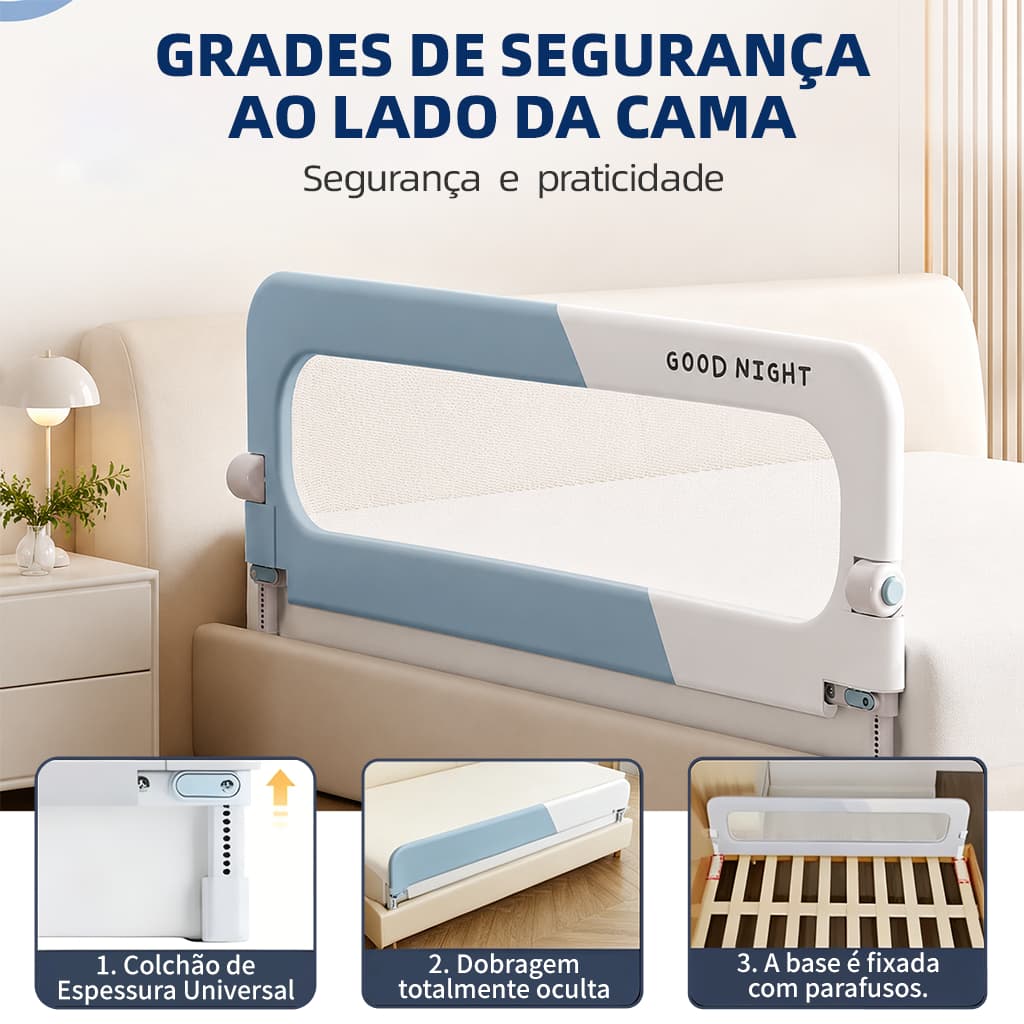 Grade de Cama Infantil,Dobrável,Com Altura Ajustável,Base Em Formato De L E Rede De Segurança 120cm