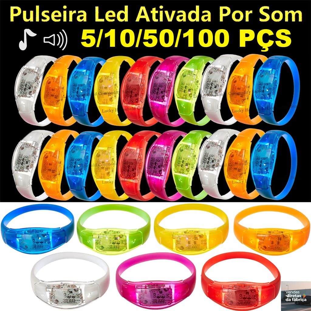 Pulseira LED Ajustável Ativada por Som Piscar com a Música 3 Modos de Luz À Prova de Água para Festa