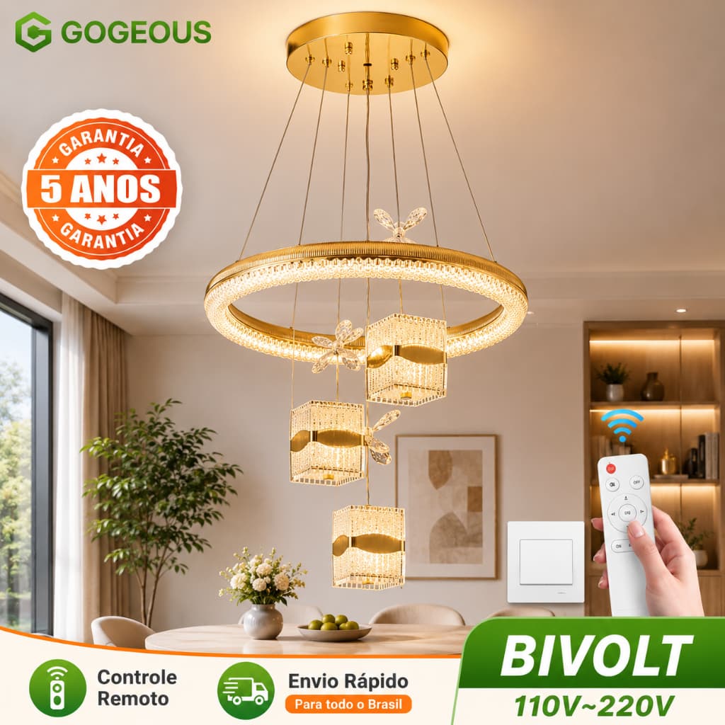 Lustre De Teto Cristal LED 3 Cores 110V-220V Pendente Luminária Teto Com Controle Remoto