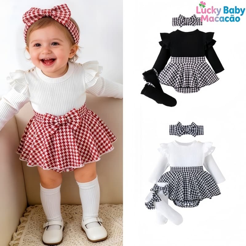 Lucky baby Macacão de manga comprida de inverno de camada dupla para bebês meninas saia Houndstooth
