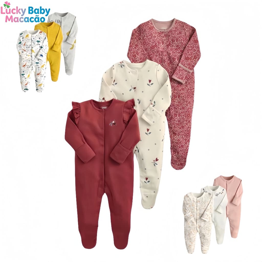 Lucky baby 3 Pçs/Lote Algodão Macio Bebê Macacão Para Meninos Meninas Com Zíper Footed Manga Longa Pijama Roupa