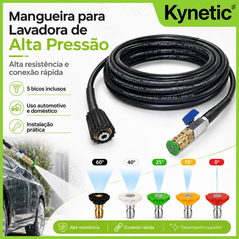 Mangueira 3/5/7/10m p/ Lavadora WAP Electrolux Vonder – Registro Rápido + 5 Bicos Coloridos – Alta Pressão