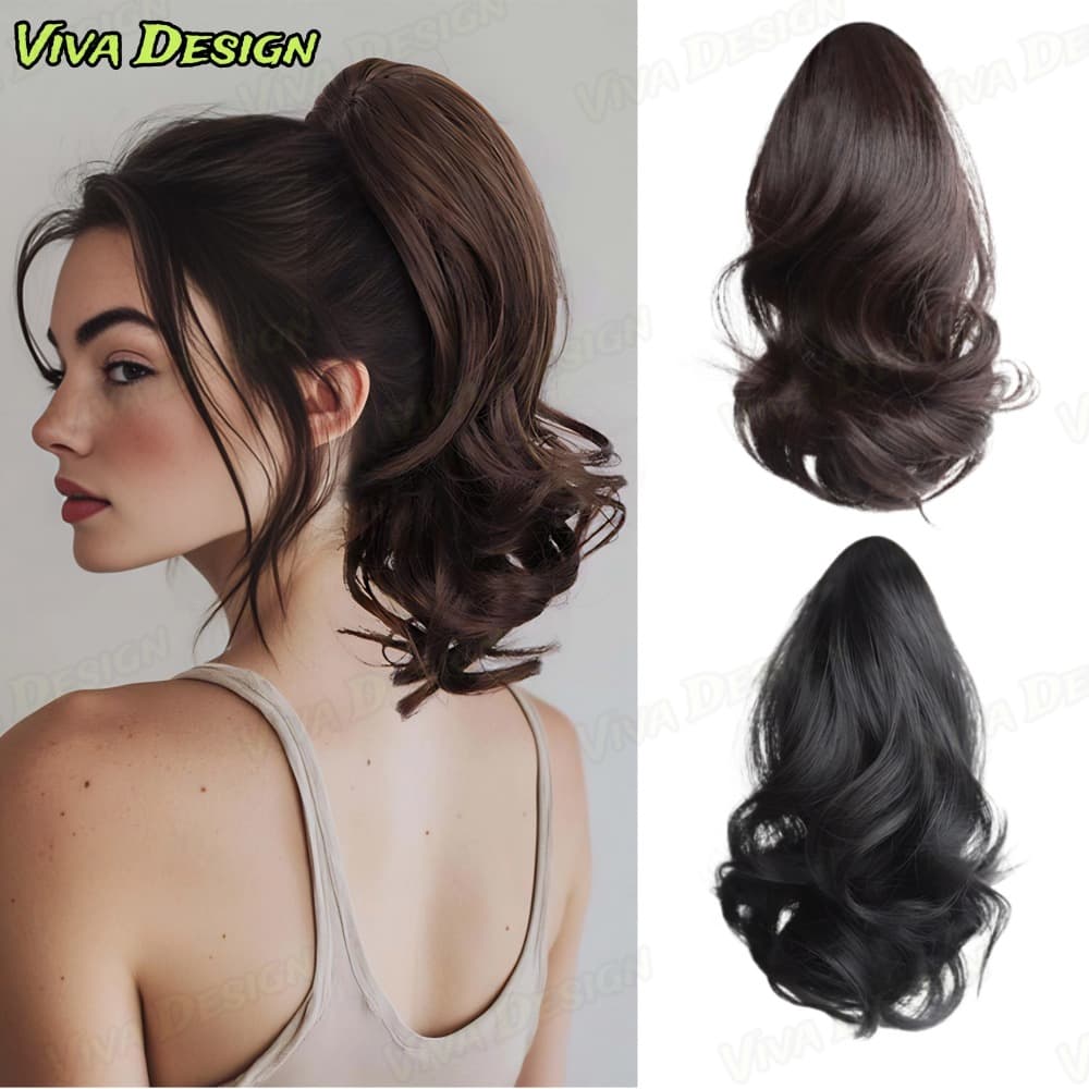Extensão de Cabelo Sintético 28cm Curto Encaracolado Rabo de Cavalo Garra Clipe Aumenta Volume Marrom Preto