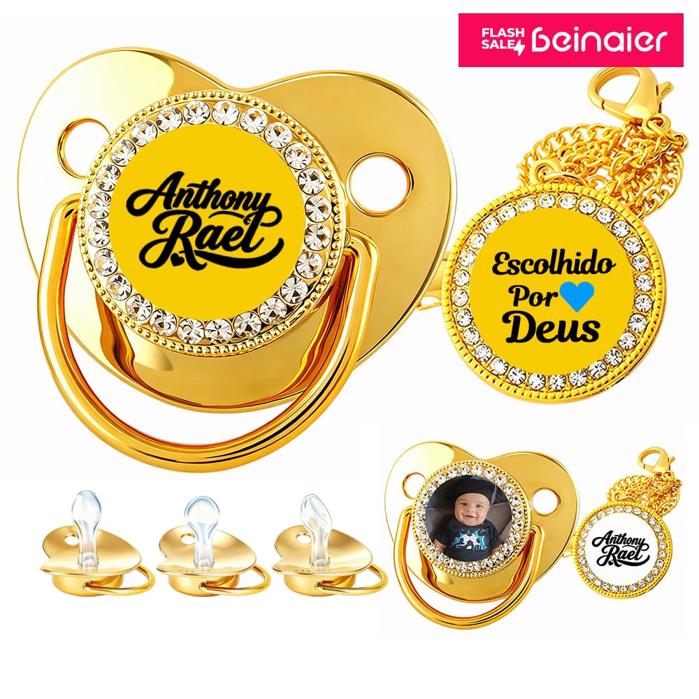 Kit chupeta dourada para bebê, pode personalizar o nome do bebê, chupeta de Silicone, sem BPA