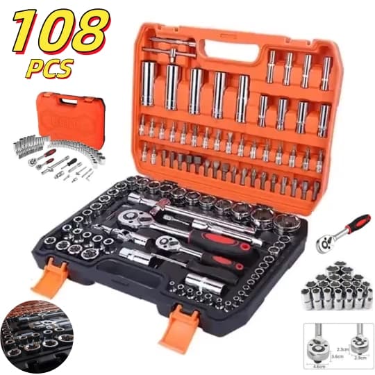 Kit Jogo de Soquete Para Mecânico Aço CRV 108 Peças Catraca Reversível