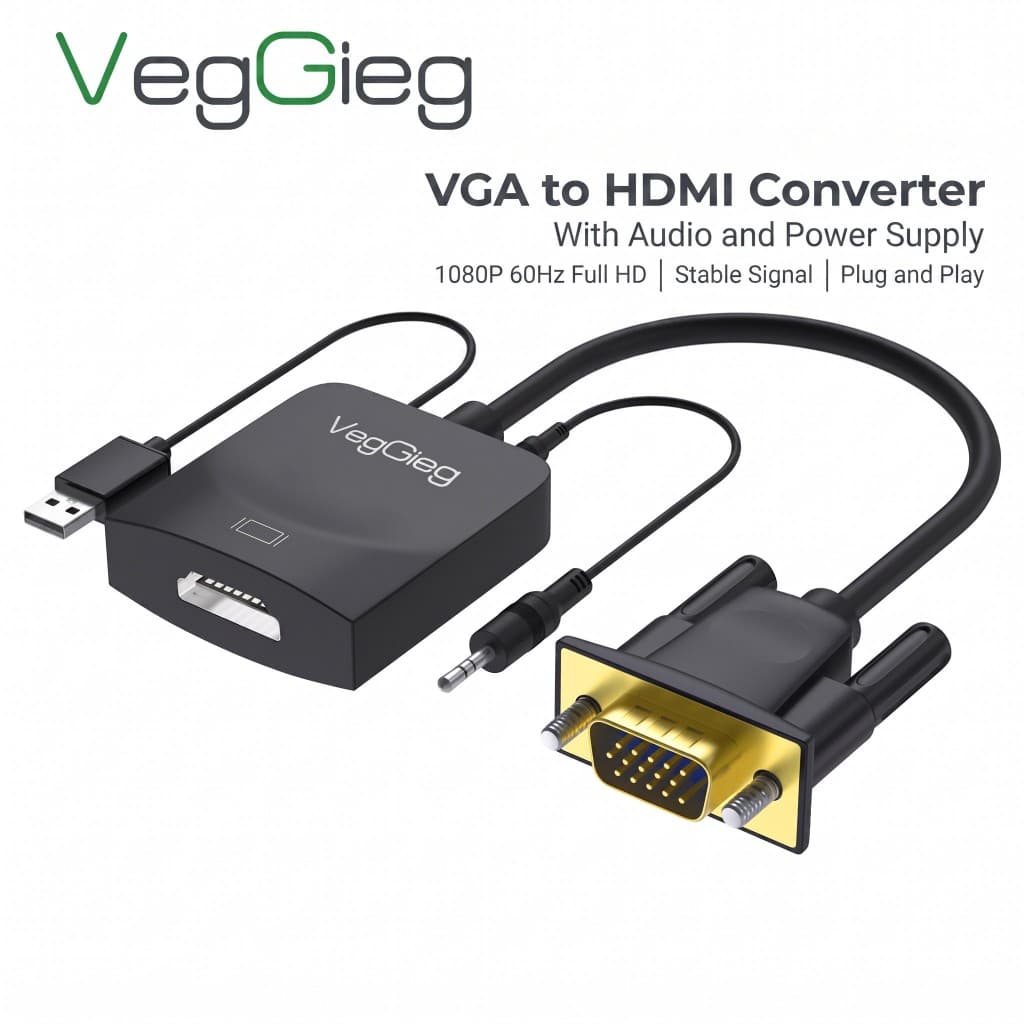 Conversor Vegieg VGA para HDMI com fonte de alimentação de áudio 1080P HD Laptop Desktop Display Projetor Adaptador de T