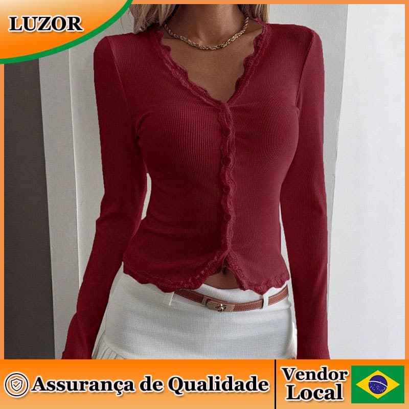 Outono inverno novo estilo com decote em V renda costura Anti-tira Cardigan camiseta de manga comprida senhoras topo