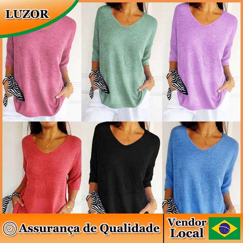 Suéter Casual multicolorido estilo básico mais fino Look com decote em V suéter de cor sólida feminino