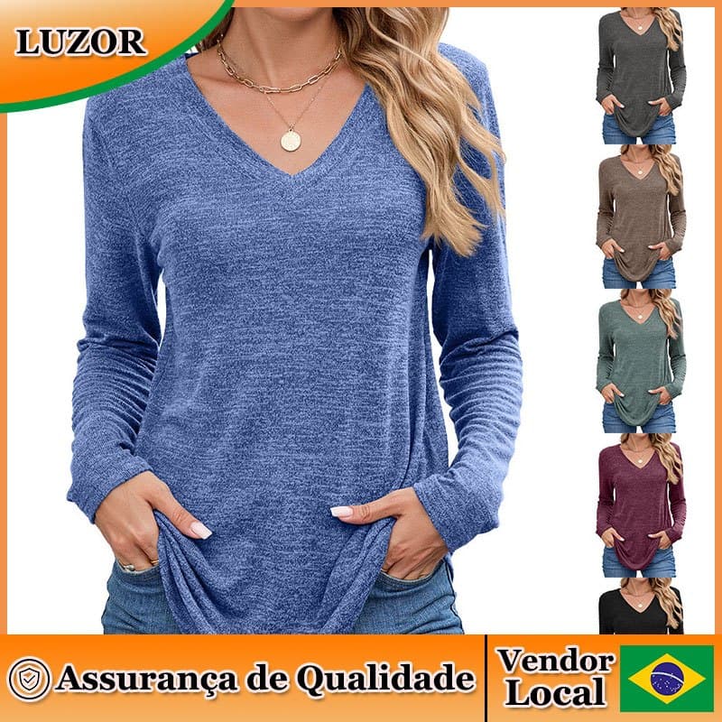 Outono inverno novo estilo cor sólida com decote em V solto manga comprida camiseta topo roupas femininas