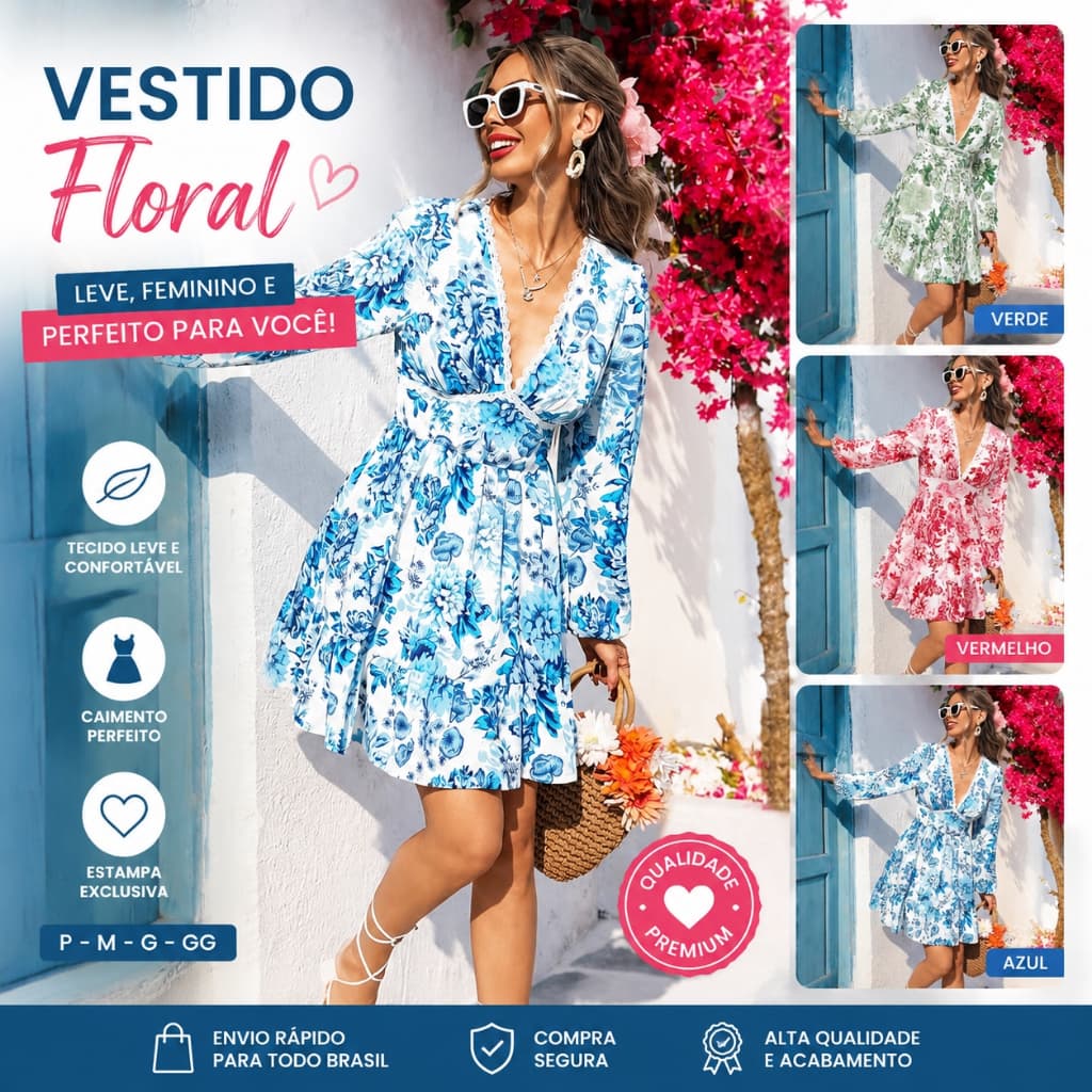 Roupas femininas europeias americanas 2026 novo produto renda com decote em V impresso manga comprida vestido Casual de