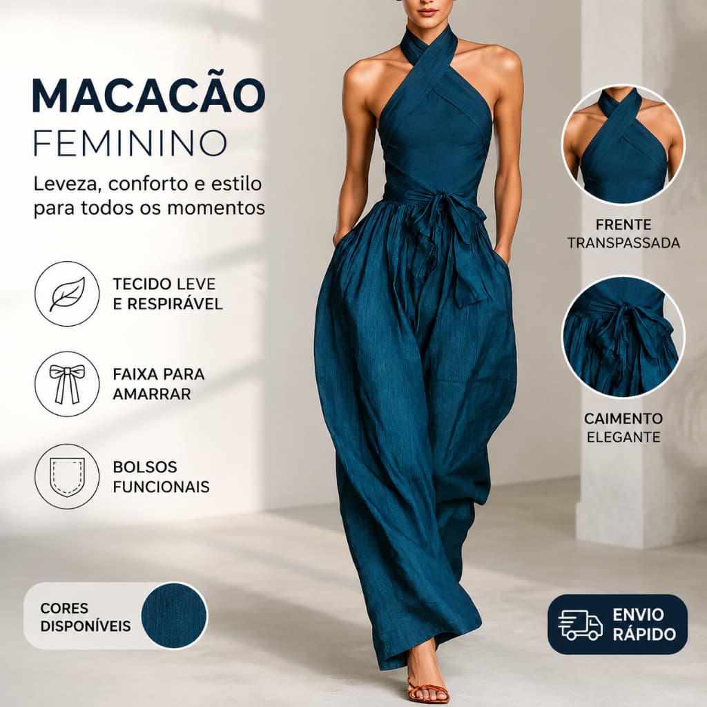 2026 Macacão feminino europeu americano sem mangas com gola halter e cor sólida com bolso longo