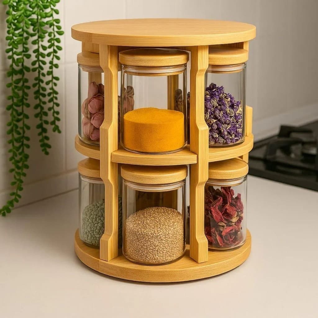 Porta Temperos Condimento Giratório 10 Potes Vidro Tampa Bambu Hermético 250ML Suporte Organizador