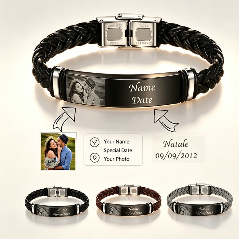 Gravação Gratuita ! Pulseira Personalizada De Nome Fotográfico Para Homens Couro Preto Tecido À Mão De Aço