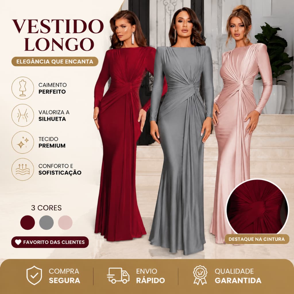 2026 Vestido de noite feminino europeu americano, temperamento Slim fit, gola redonda, manga comprida