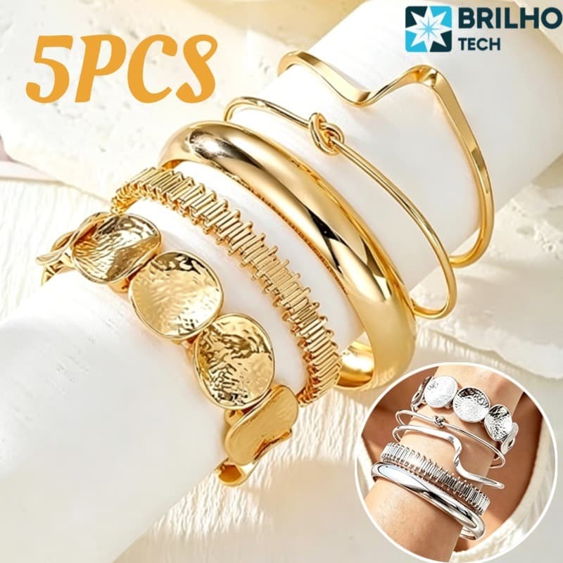 Kit 5 Pulseiras Femininas Ajustáveis Estilo Praia Boho Chic Dourado/Prata Conjunto Elegante Moda Verão-BT