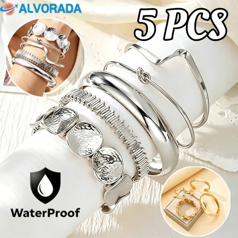 Kit 5 Pulseiras Femininas Ajustáveis Estilo Praia Boho Chic Dourado/Prata Conjunto Elegante Moda Verão-ALV