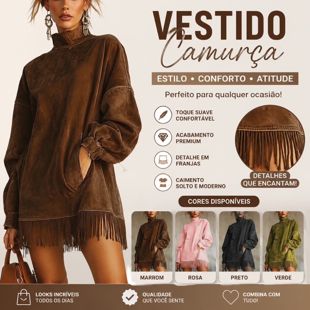 2026 novo estilo europeu americano vestido de camurça de gola alta, ajuste solto retrô, saia longa de manga comprida com