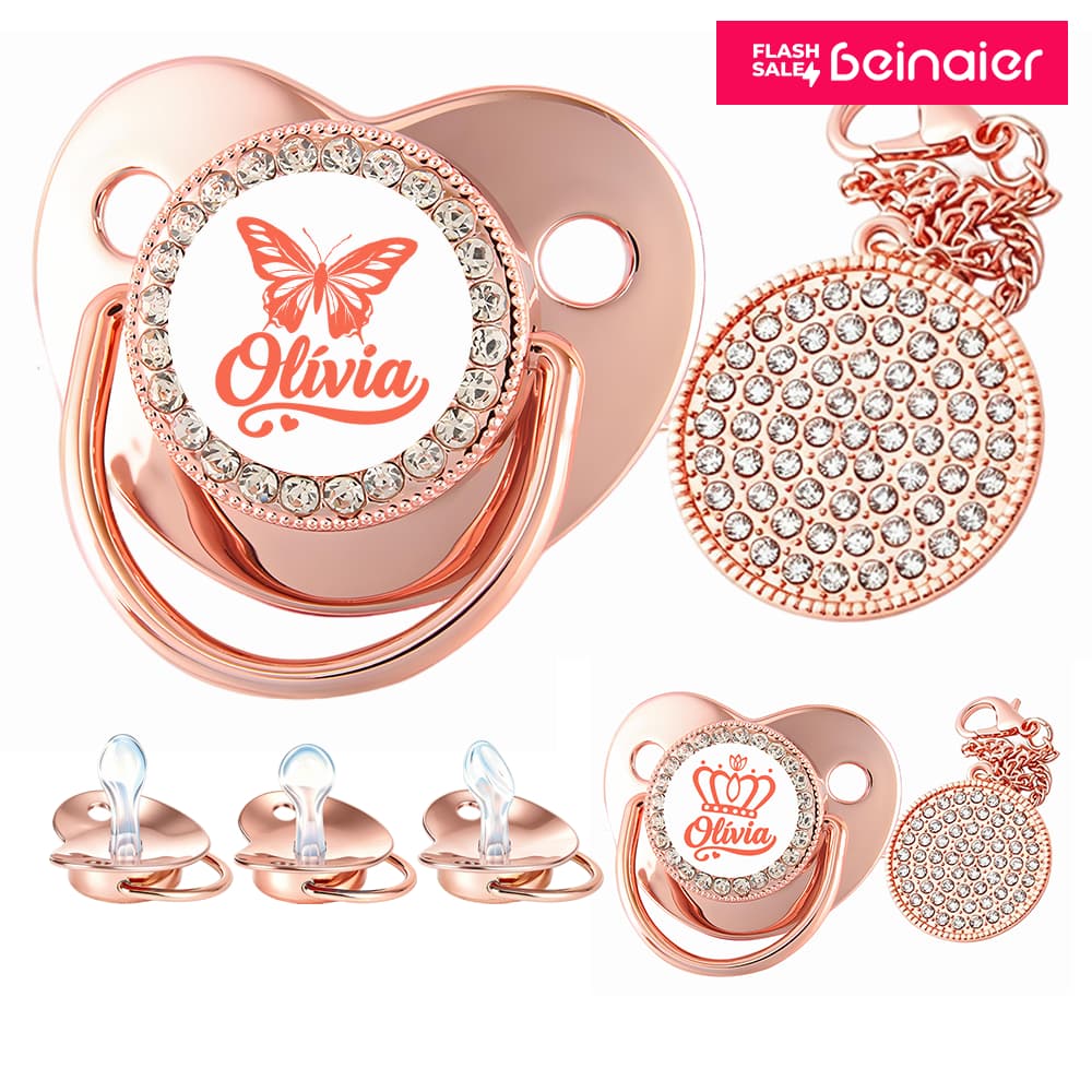 Kit de chupeta de bebê em ouro rosa, pode personalizar o nome do bebê, chupeta de silicone BPA Free