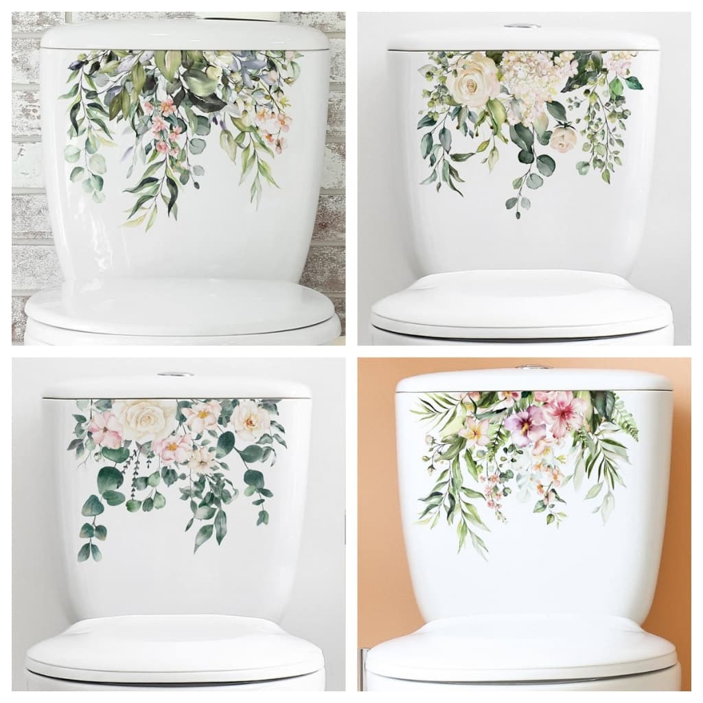 HJ401 1 Peça Adesivo De Vaso Sanitário Com Flores Verdes Tropicais , Folha Para Banheiro , Decoração De Casa Parede Auto