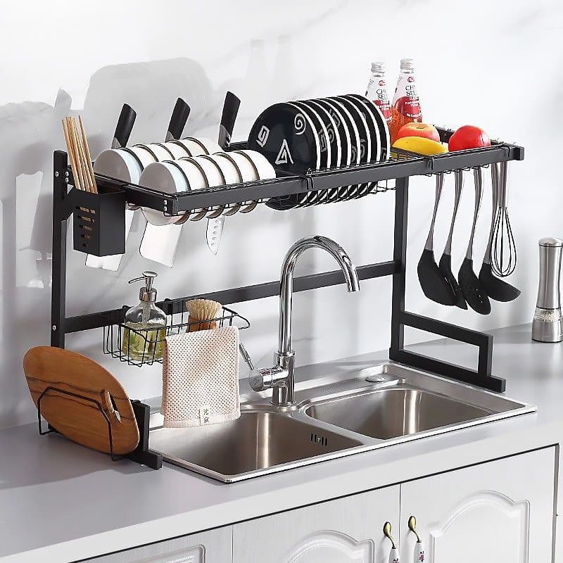 Escorredor Suspenso Aço Inox 65 a 85cm Preto Modular Autossustentável Organizador de Louça