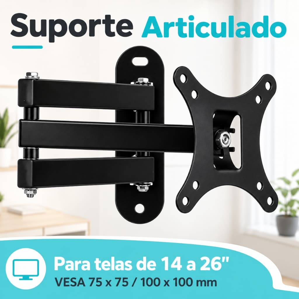 X100 - Suporte TV e Monitor Parede Articulado Braço Ajustável Lcd Led Plasma 14-26" VESA 75x75/100x100mm