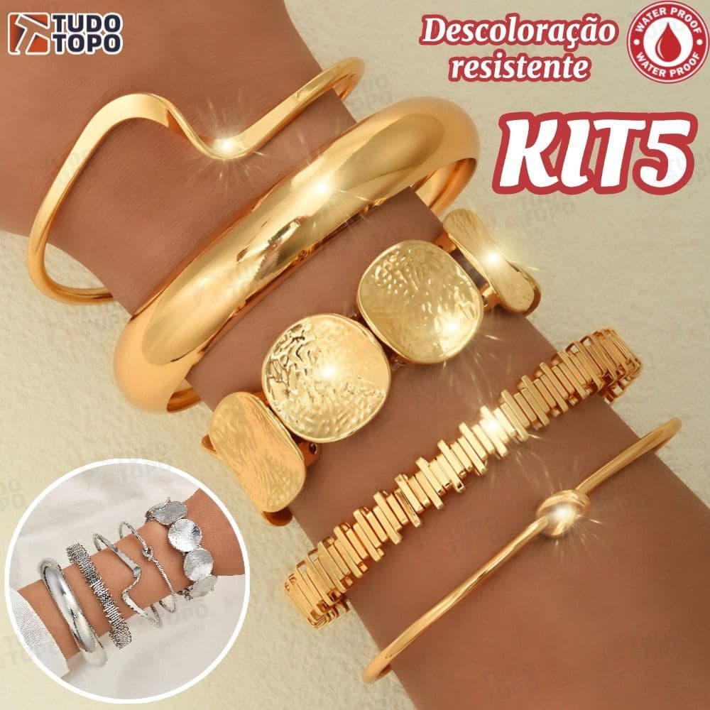 Kit 5 Pulseiras Femininas Ajustáveis Estilo Praia Boho Chic Dourado/Prata Conjunto Elegante Moda Verão