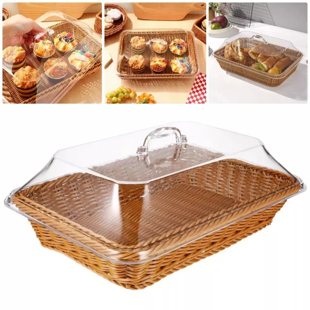 Cesta De Pão Com Tampa Vime Trançado À Mão Porta Frutas Organizador Cozinha 35x25x12.5cm