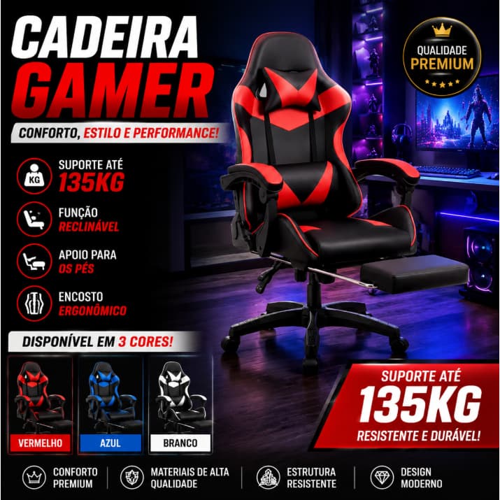 Cadeira Gamer Ergonômica Reclinável com Almofadas para Lombar e Cervical – Couro Sintético 135 kg