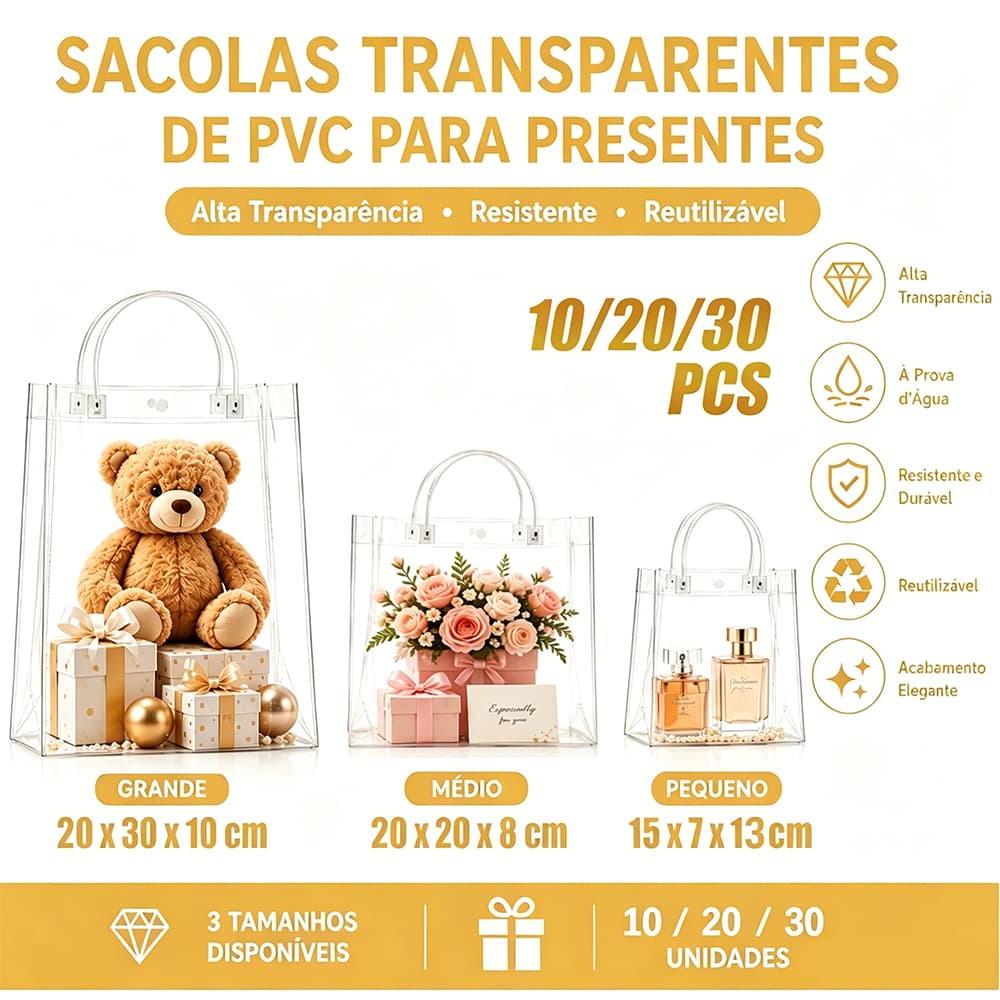 10/20/30PCS Sacola de PVC para Presente Transparente com alça para presentes de Natal, casamentos e festa de aniversário