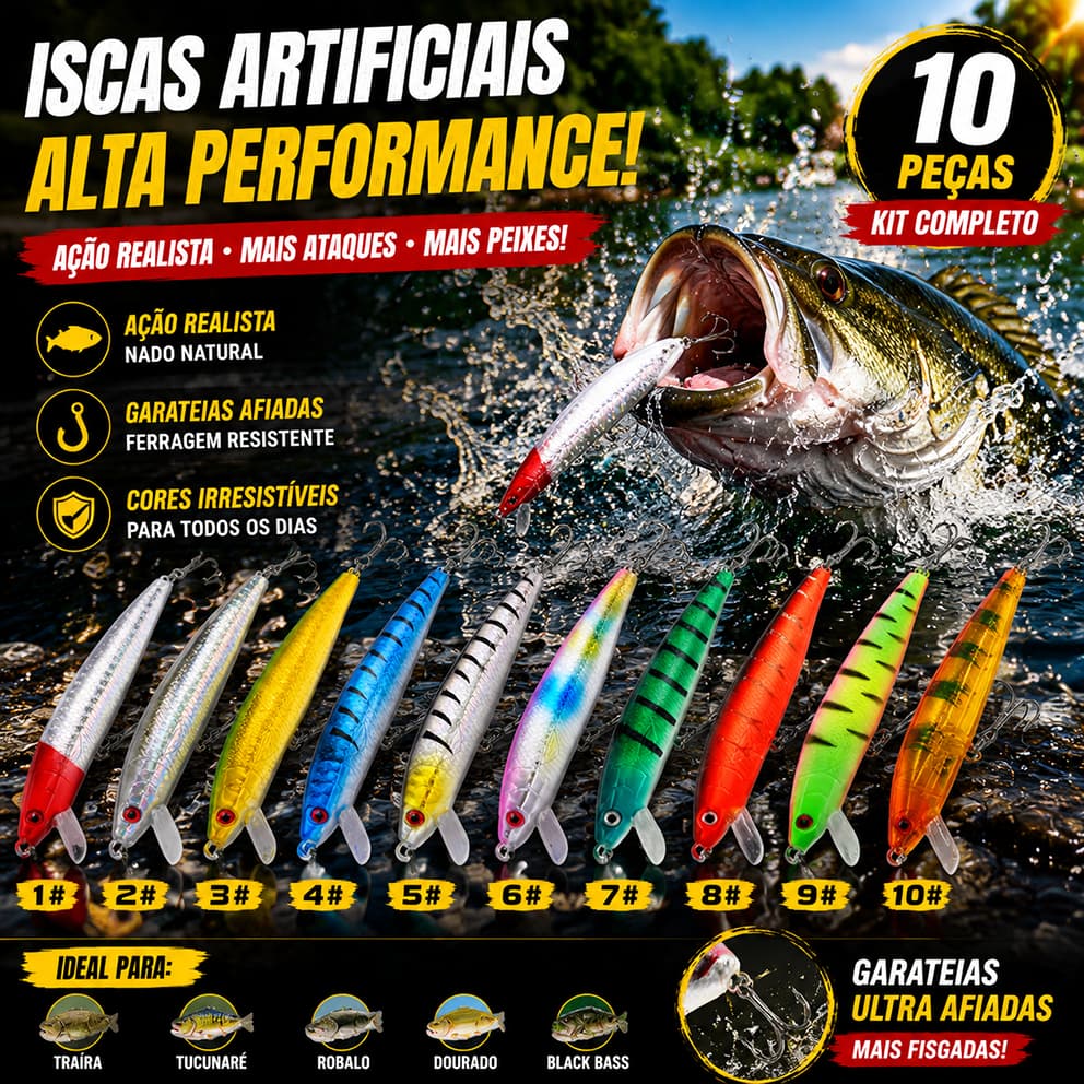 Kit 10 Iscas Artificiais 10cm 9g – Meia Água para Tucunaré e Dourado