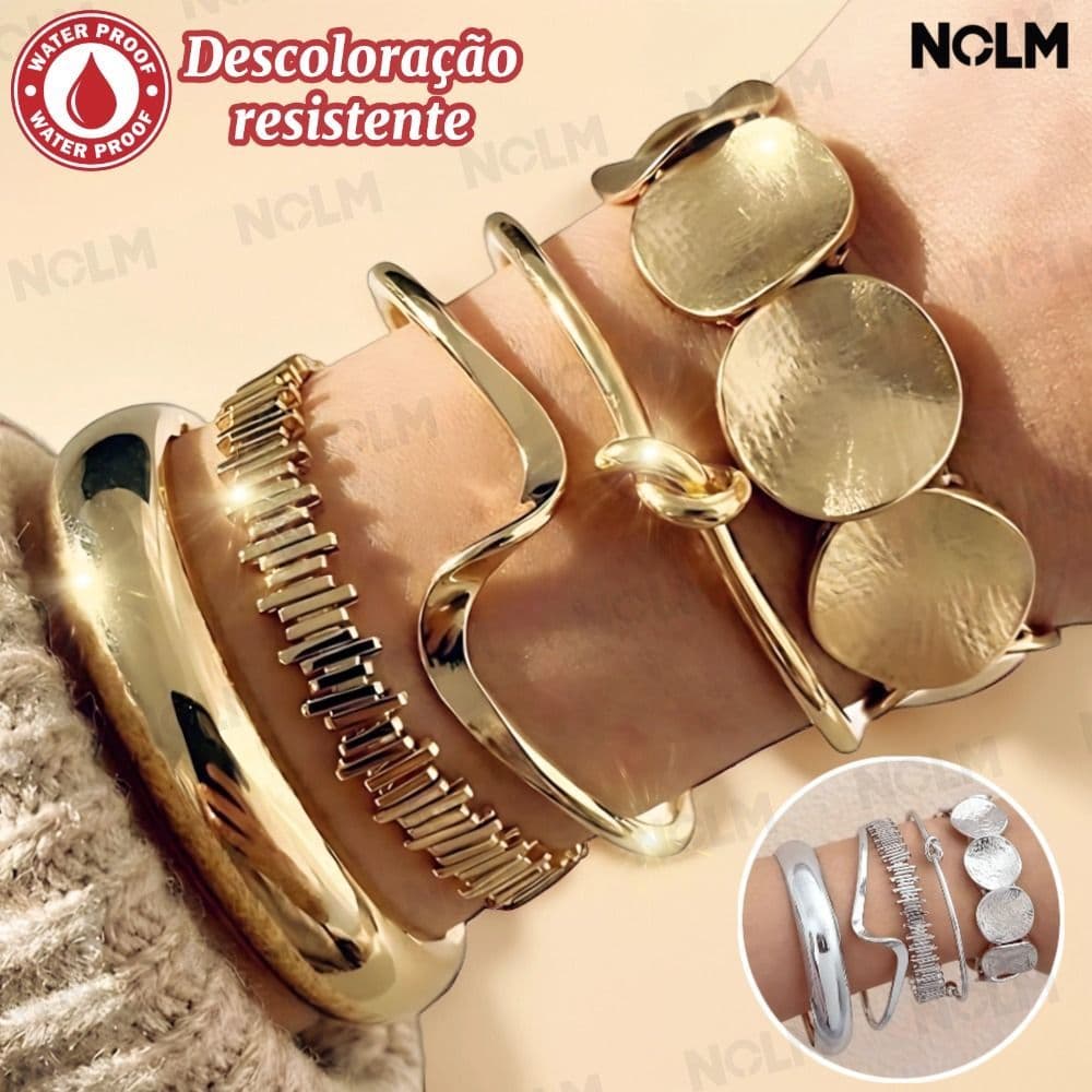Kit 5 Pulseiras Femininas Ajustáveis Estilo Praia Boho Chic Dourado/Prata Conjunto Elegante Moda Verão