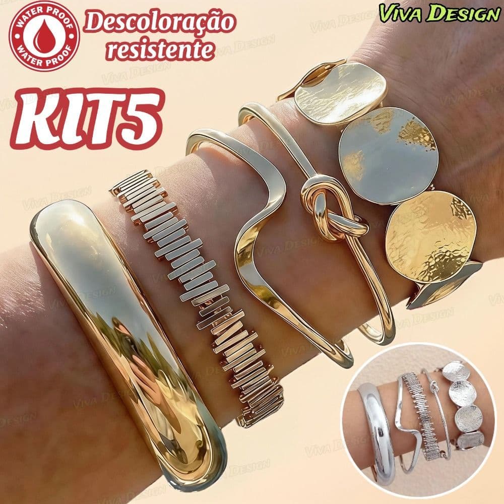 Kit 5 Pulseiras Femininas Ajustáveis Estilo Praia Boho Chic Dourado/Prata Conjunto Elegante Moda Verão