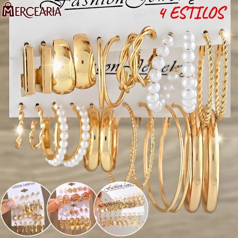 Kit de 12 Brincos Feminino - A Prova d'Água - Design Pérola e Dourado Chic-MC