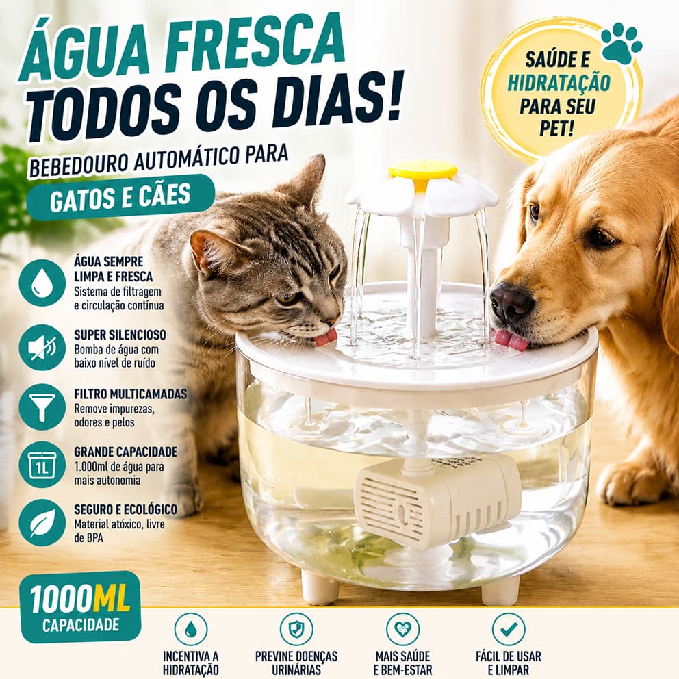 Fonte de Água Animais Automática com Filtro – Bebedouro Elétrico para Gatos