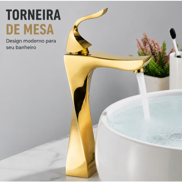 Torneira Dourada Banheiro Bica Alta Monocomando Misturador Inox Luxo 30cm