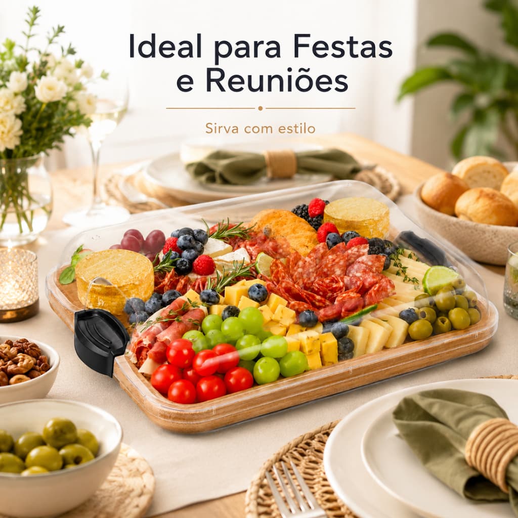 Bandeja Grande de Bambu com Tampa com Travas – Tabua Para Servir e Conservar Frios Queijos Petiscos