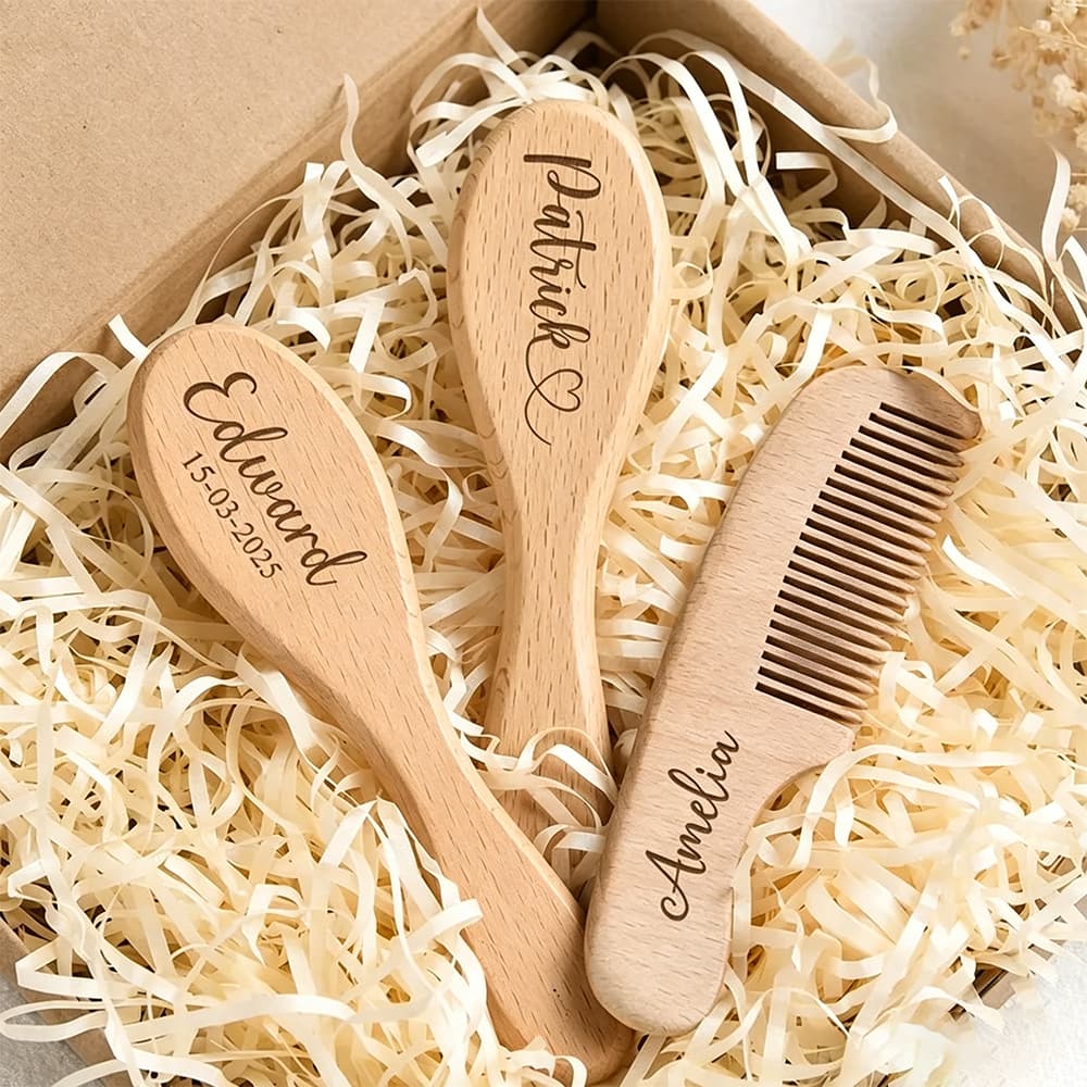 Escova De Cabelo De Madeira Personalizada Gratuita , Nome Personalizado , Gravura , Pente Para Recém-Nascidos , Batizado