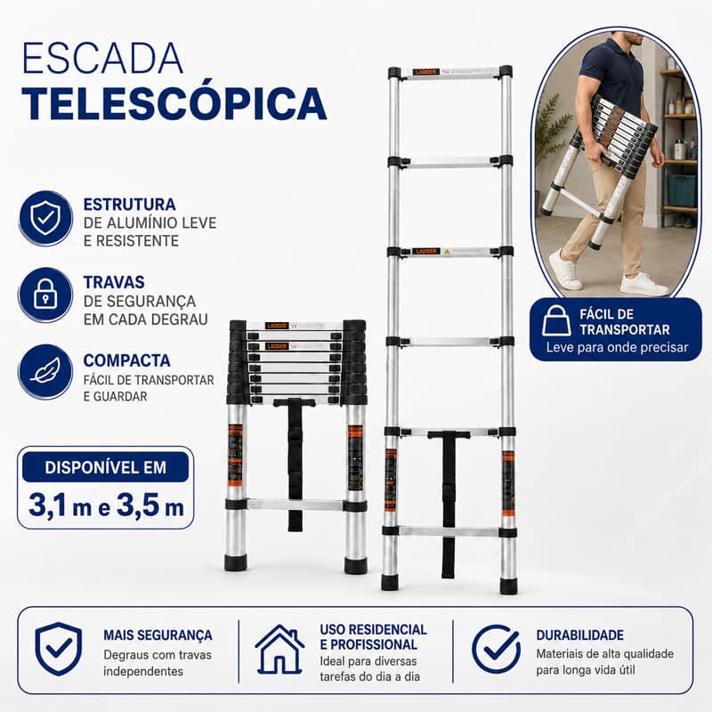 Escada Retrátil Aço Inoxidável 3.1m ou 3.5m – Dobrável e Antiderrapante para Casa e Comércio