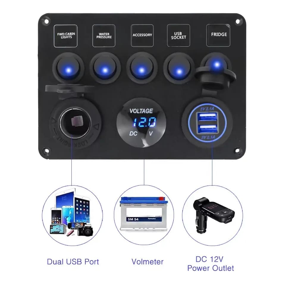 Painel Elétrico De 5 Interruptores Com 2 Portas USB E Voltímetro Para Barcos Lanchas